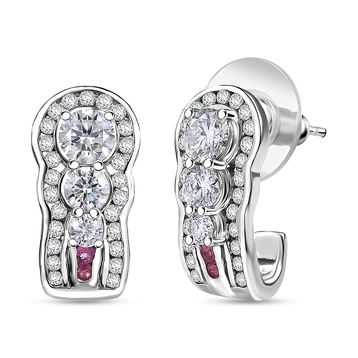 D'Joy Moissanite and Ouro Fino Rubellite 2.50 ctw J-Hoop Earrings in Rhodium Over Sterling Silver image number 0