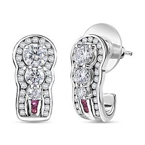 D'Joy Moissanite and Ouro Fino Rubellite 2.50 ctw J-Hoop Earrings in Rhodium Over Sterling Silver
