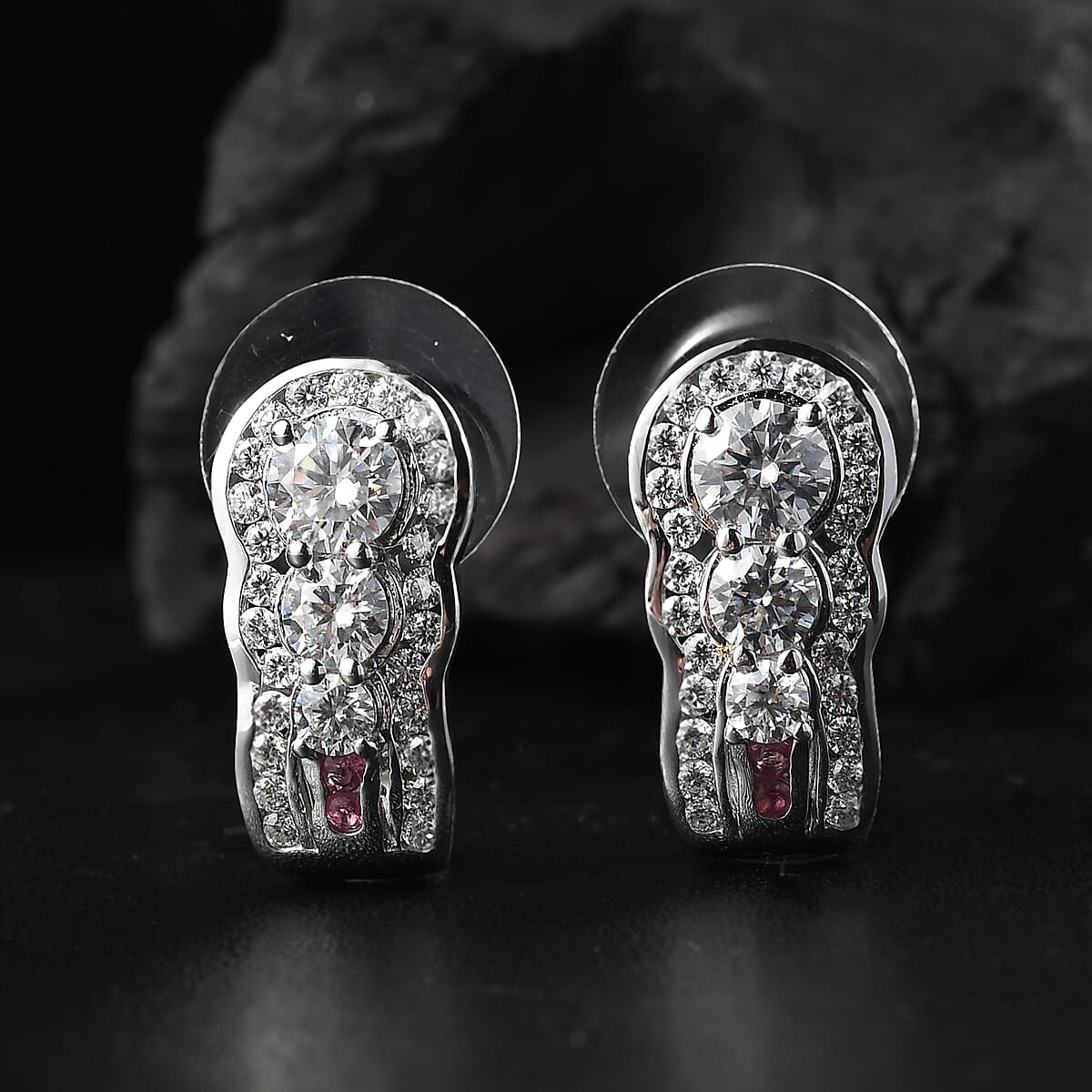 D'Joy Moissanite and Ouro Fino Rubellite 2.50 ctw J-Hoop Earrings in Rhodium Over Sterling Silver image number 1