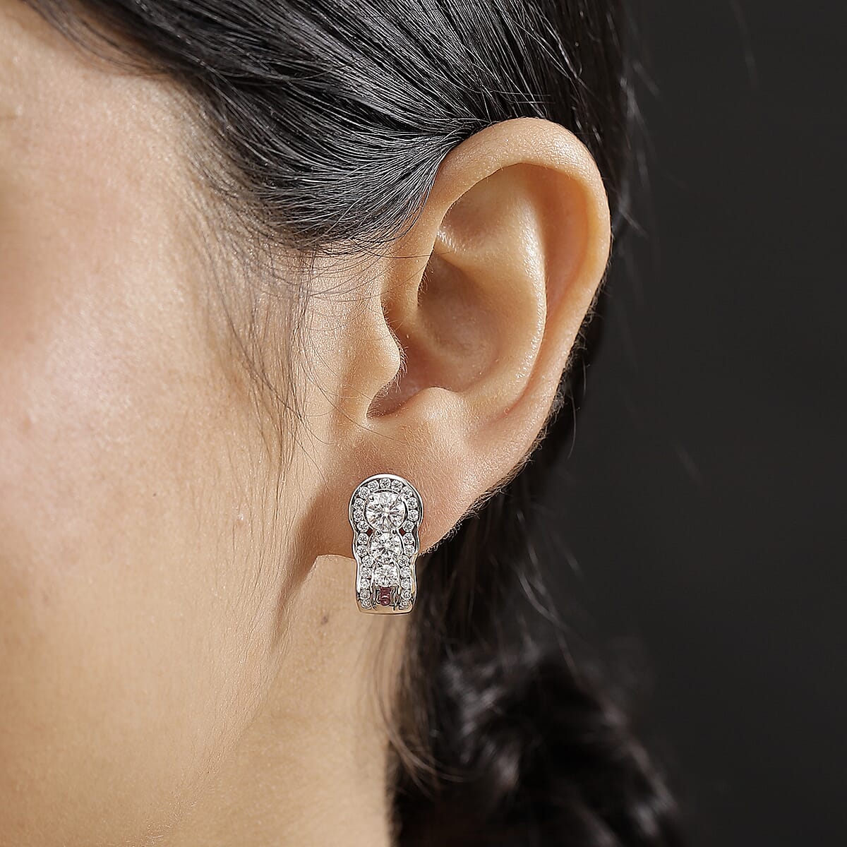 D'Joy Moissanite and Ouro Fino Rubellite 2.50 ctw J-Hoop Earrings in Rhodium Over Sterling Silver image number 2