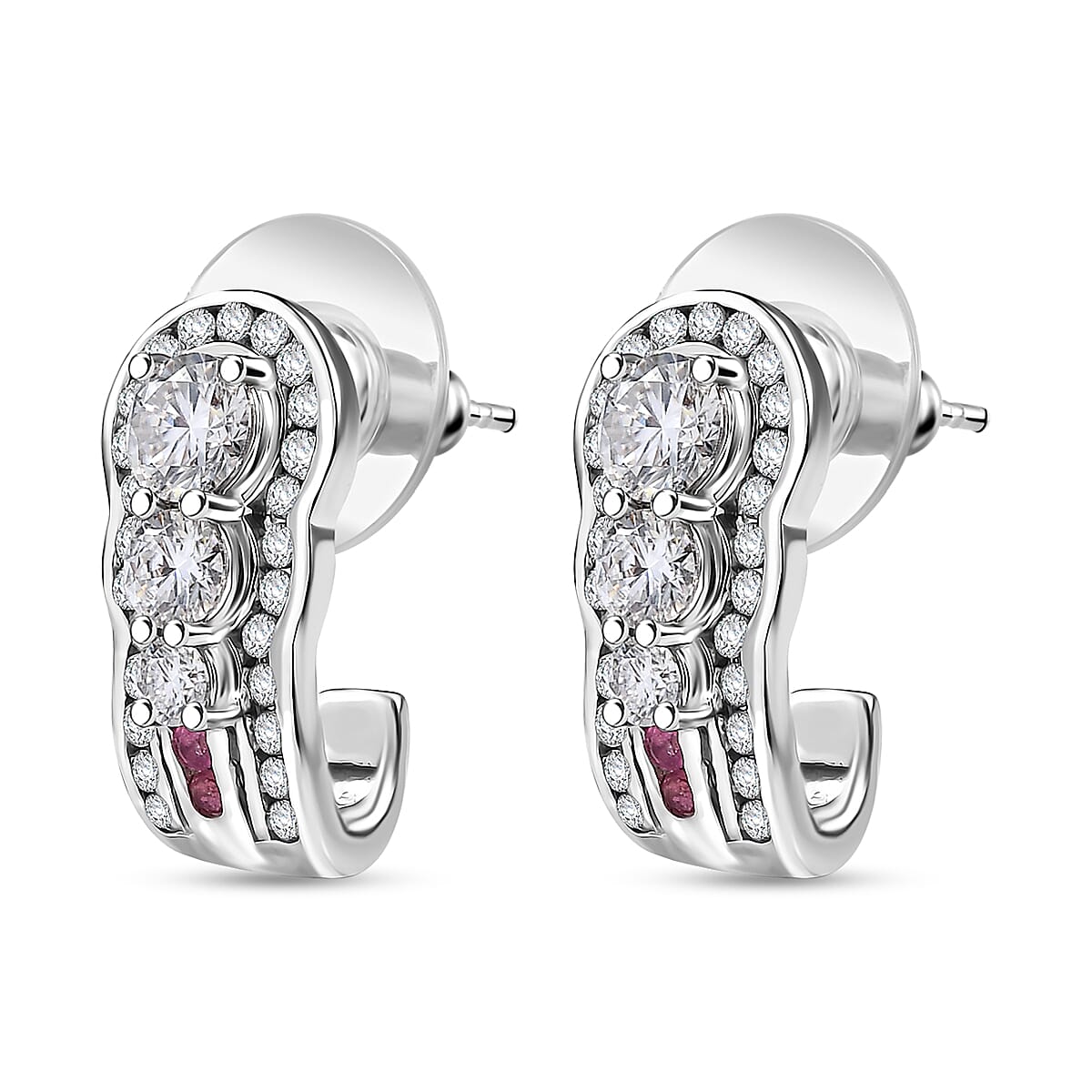 D'Joy Moissanite and Ouro Fino Rubellite 2.50 ctw J-Hoop Earrings in Rhodium Over Sterling Silver image number 3