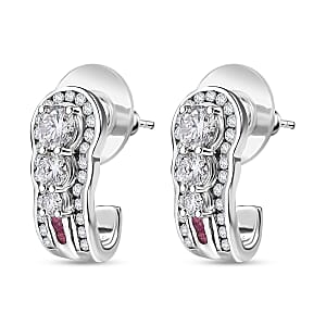 D'Joy Moissanite and Ouro Fino Rubellite 2.50 ctw J-Hoop Earrings in Rhodium Over Sterling Silver