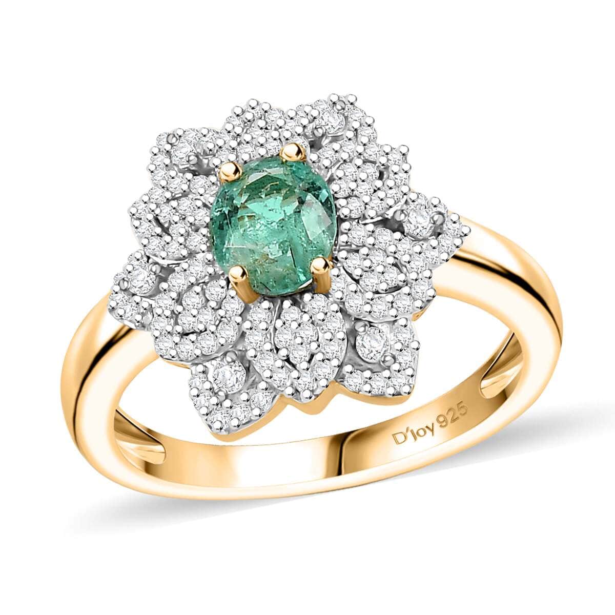 Boyaca Colombian Emerald and Moissanite 1.10 ctw Bloom Ring in 18K Vermeil Yellow Gold Over Sterling Silver (Size 6.0) image number 0