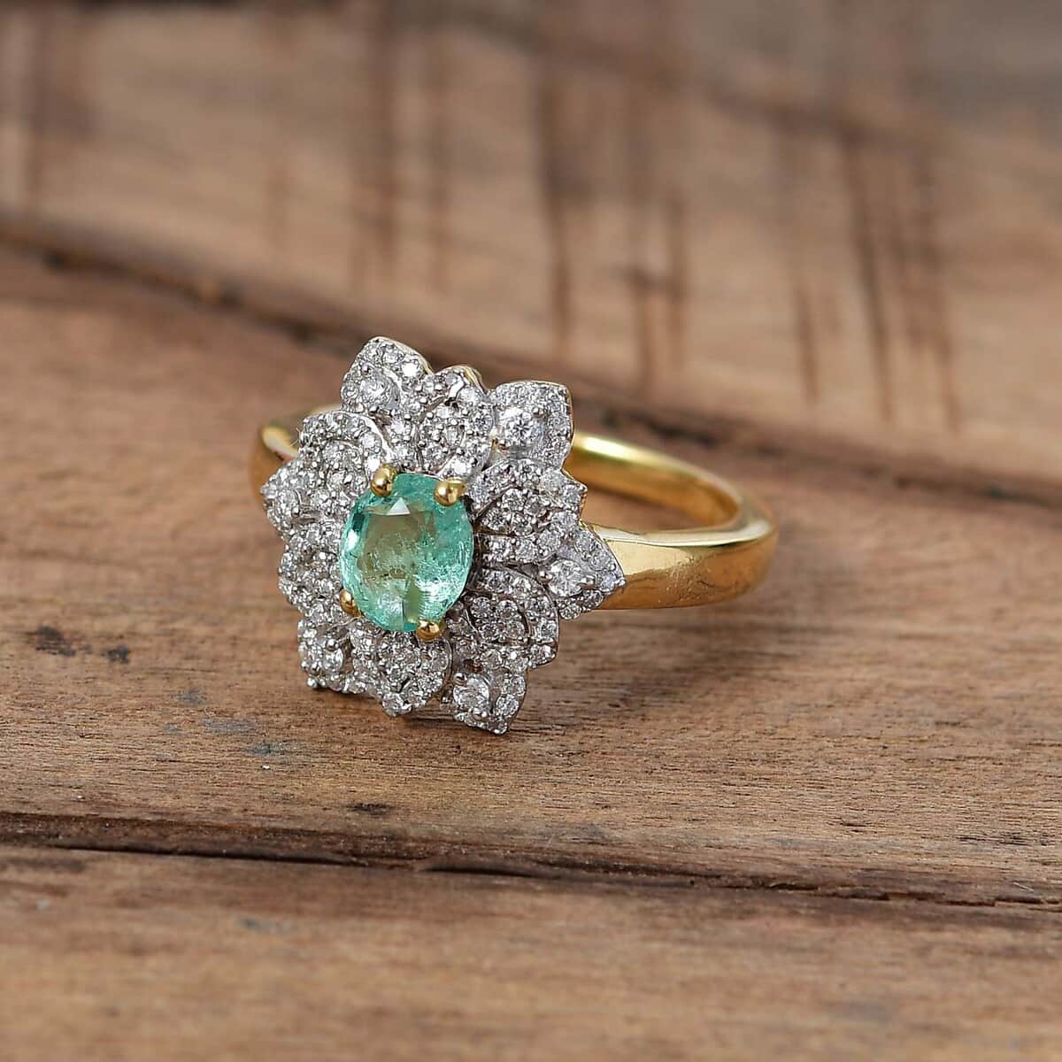 Boyaca Colombian Emerald and Moissanite 1.10 ctw Bloom Ring in 18K Vermeil Yellow Gold Over Sterling Silver (Size 6.0) image number 1