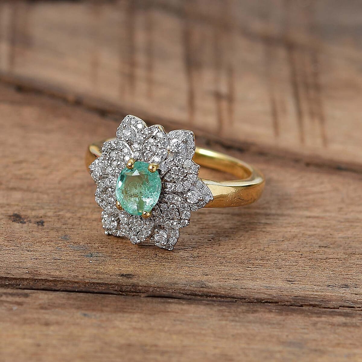 Boyaca Colombian Emerald and Moissanite 1.10 ctw Bloom Ring in 18K Vermeil Yellow Gold Over Sterling Silver (Size 9.0) image number 1