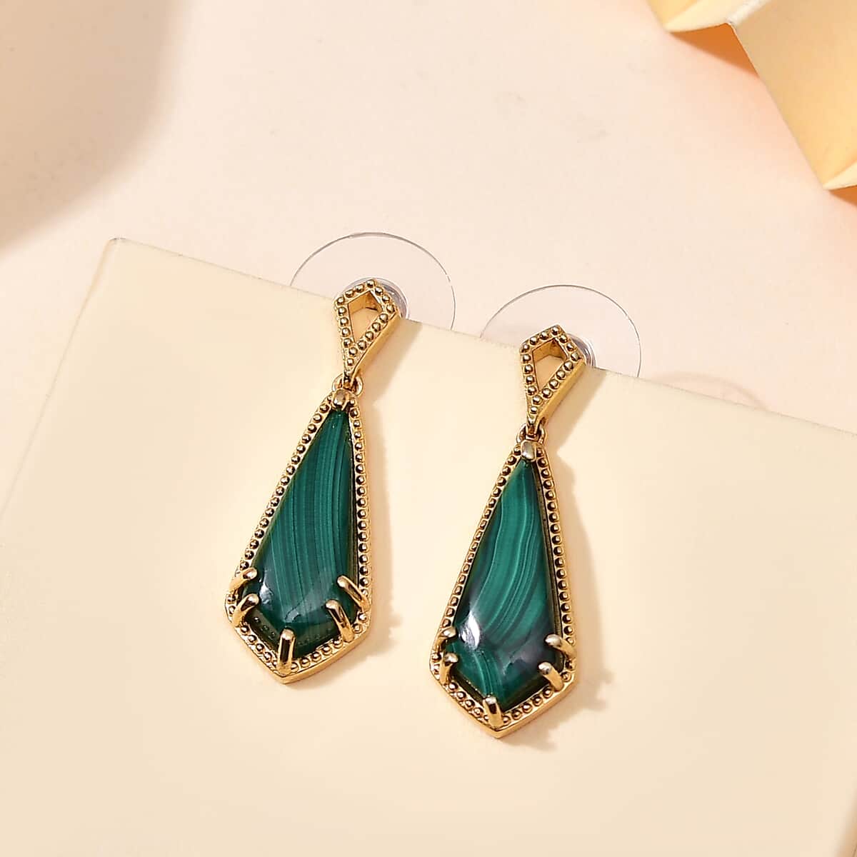 African Malachite 13.50 ctw Kite Shape Earrings in 18K Vermeil Yellow Gold Over Sterling Silver image number 1