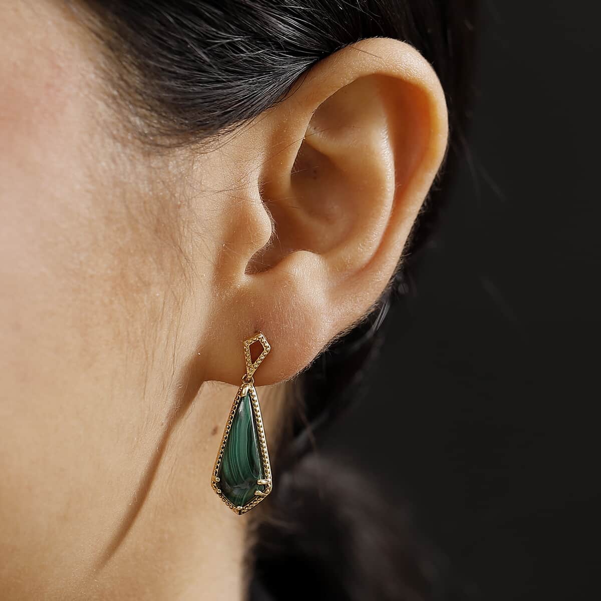 African Malachite 13.50 ctw Kite Shape Earrings in 18K Vermeil Yellow Gold Over Sterling Silver image number 2