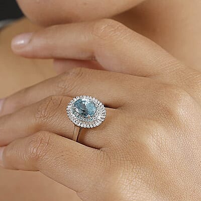Rhapsody AAAA Cambodian Blue Zircon, Paraiba Tourmaline and E-F VS Diamond 4.36 ctw Double Halo Ring in 950 Platinum (Size 10.0)