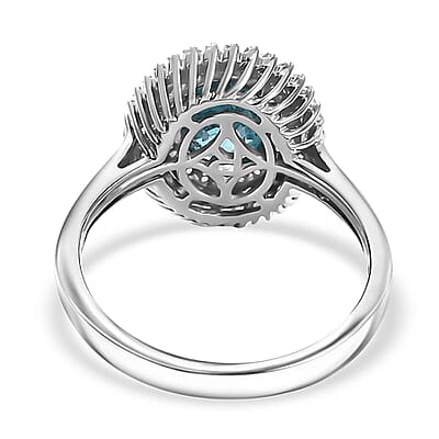 Rhapsody AAAA Cambodian Blue Zircon, Paraiba Tourmaline and E-F VS Diamond 4.36 ctw Double Halo Ring in 950 Platinum (Size 10.0)