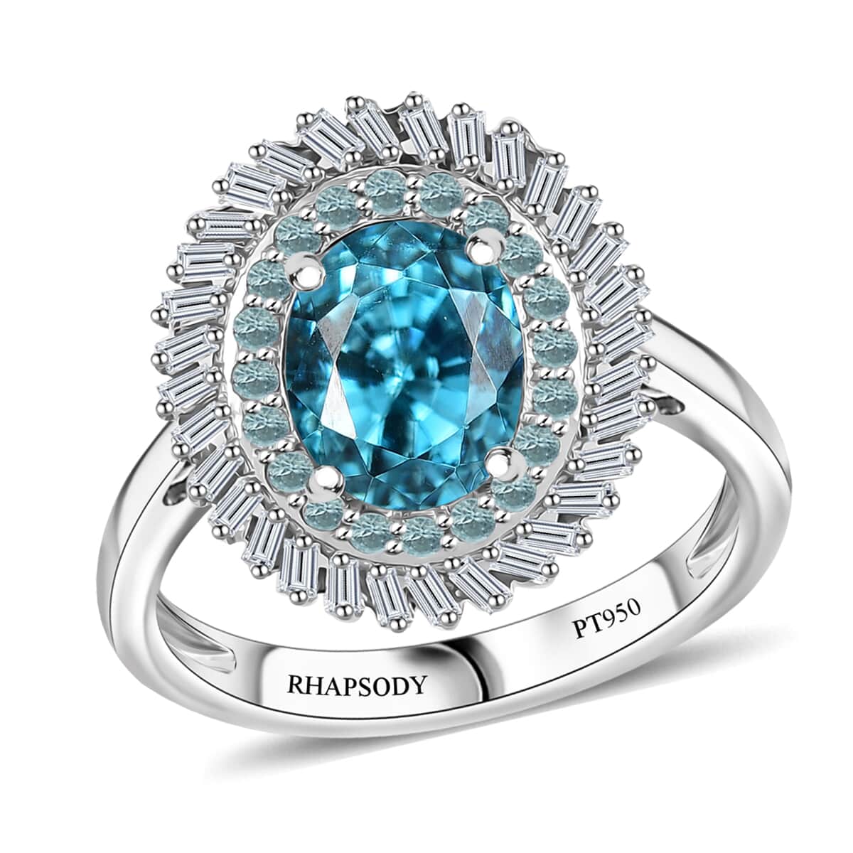 Certified & Appraised Rhapsody 950 Platinum AAAA Cambodian Blue Zircon, Paraiba Tourmaline, Diamond (E-F, VS) (0.19 cts) Double Halo Ring (Size 10.0) (Del. in 10-12 Days) 4.36 ctw image number 0