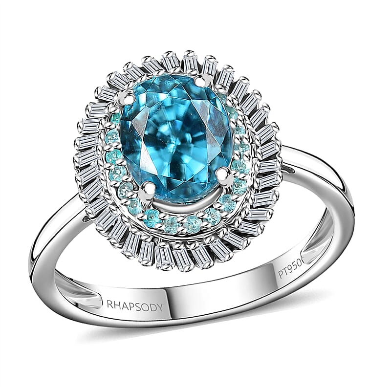 Rhapsody AAAA Cambodian Blue Zircon, Paraiba Tourmaline and E-F VS Diamond 4.36 ctw Double Halo Ring in 950 Platinum (Size 6.0)