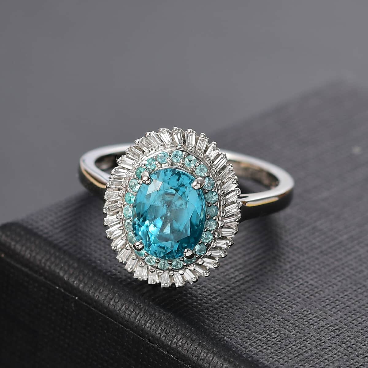 Certified & Appraised Rhapsody 950 Platinum AAAA Cambodian Blue Zircon, Paraiba Tourmaline, Diamond (E-F, VS) (0.19 cts) Double Halo Ring (Size 10.0) (Del. in 10-12 Days) 4.36 ctw image number 1