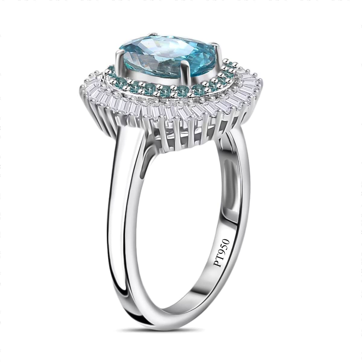 Certified & Appraised Rhapsody 950 Platinum AAAA Cambodian Blue Zircon, Paraiba Tourmaline, Diamond (E-F, VS) (0.19 cts) Double Halo Ring (Size 10.0) (Del. in 10-12 Days) 4.36 ctw image number 3