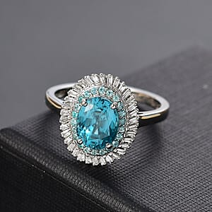 Rhapsody AAAA Cambodian Blue Zircon, Paraiba Tourmaline and E-F VS Diamond 4.36 ctw Double Halo Ring in 950 Platinum (Size 7.0)