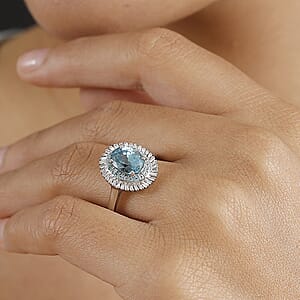 Rhapsody AAAA Cambodian Blue Zircon, Paraiba Tourmaline and E-F VS Diamond 4.36 ctw Double Halo Ring in 950 Platinum (Size 7.0)