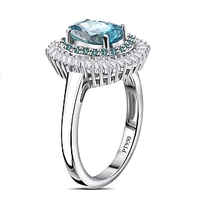 Rhapsody AAAA Cambodian Blue Zircon, Paraiba Tourmaline and E-F VS Diamond 4.36 ctw Double Halo Ring in 950 Platinum (Size 7.0)