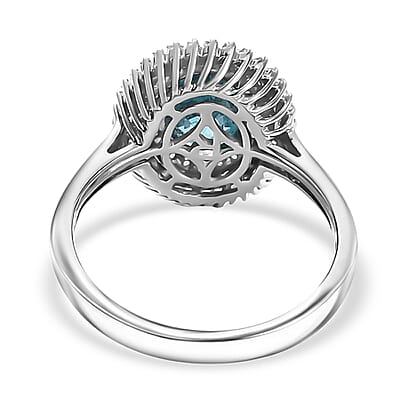 Rhapsody AAAA Cambodian Blue Zircon, Paraiba Tourmaline and E-F VS Diamond 4.36 ctw Double Halo Ring in 950 Platinum (Size 7.0)