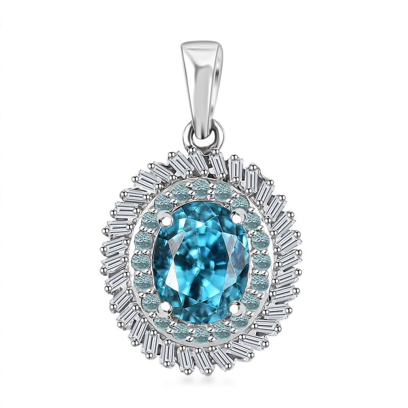 Rhapsody AAAA Cambodian Blue Zircon, Paraiba Tourmaline and E-F VS Diamond 4.36 ctw Double Halo Pendant without Chain in 950 Platinum