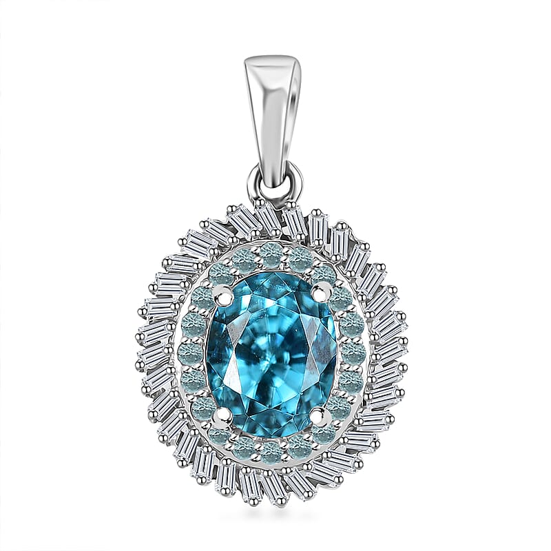 Rhapsody AAAA Cambodian Blue Zircon, Paraiba Tourmaline and E-F VS Diamond 4.36 ctw Double Halo Pendant without Chain in 950 Platinum