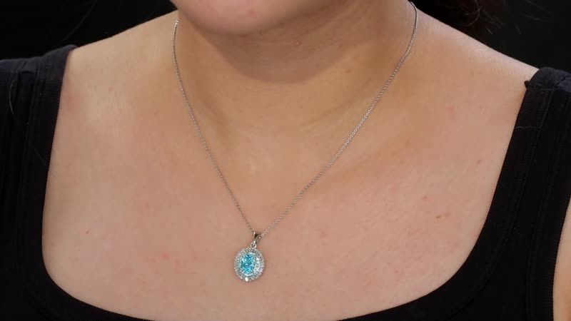 Rhapsody AAAA Cambodian Blue Zircon, Paraiba Tourmaline and E-F VS Diamond 4.36 ctw Double Halo Pendant without Chain in 950 Platinum