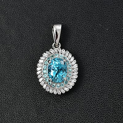 Rhapsody AAAA Cambodian Blue Zircon, Paraiba Tourmaline and E-F VS Diamond 4.36 ctw Double Halo Pendant without Chain in 950 Platinum