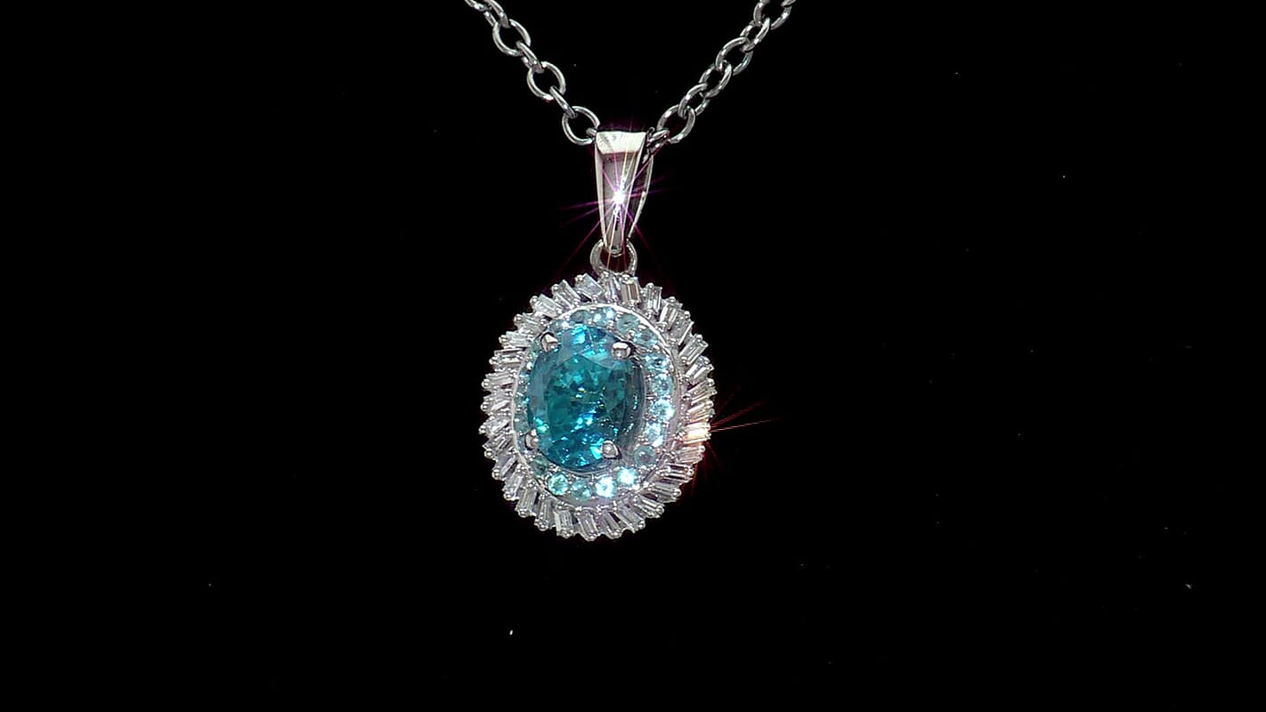 Rhapsody AAAA Cambodian Blue Zircon, Paraiba Tourmaline and E-F VS Diamond 4.36 ctw Double Halo Pendant without Chain in 950 Platinum