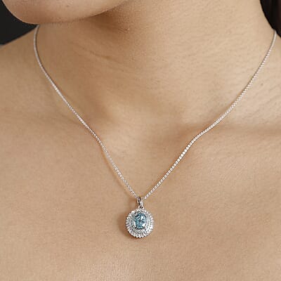 Rhapsody AAAA Cambodian Blue Zircon, Paraiba Tourmaline and E-F VS Diamond 4.36 ctw Double Halo Pendant without Chain in 950 Platinum
