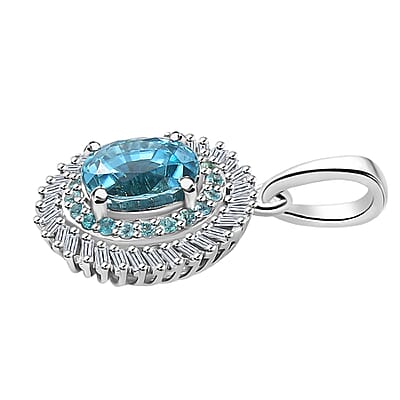 Rhapsody AAAA Cambodian Blue Zircon, Paraiba Tourmaline and E-F VS Diamond 4.36 ctw Double Halo Pendant without Chain in 950 Platinum