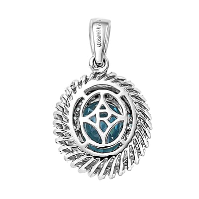 Rhapsody AAAA Cambodian Blue Zircon, Paraiba Tourmaline and E-F VS Diamond 4.36 ctw Double Halo Pendant without Chain in 950 Platinum