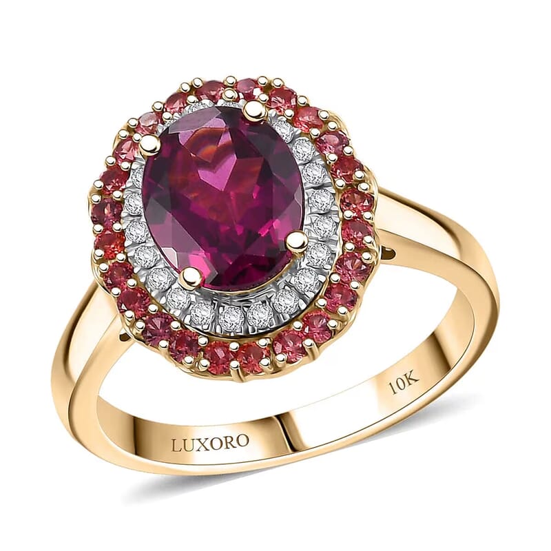 Certified & Appraised Luxoro 10K Yellow Gold AAA Radiant Ember Garnet, Padparadscha Sapphire, Diamond (I2) (0.20 cts) Double Halo Ring (Size 5.0) 2.72 ctw