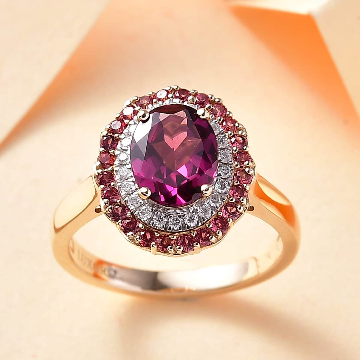 Certified & Appraised Luxoro 10K Yellow Gold AAA Radiant Ember Garnet, Padparadscha Sapphire, Diamond (I2) (0.20 cts) Double Halo Ring (Size 8.5) 2.72 ctw image number 1