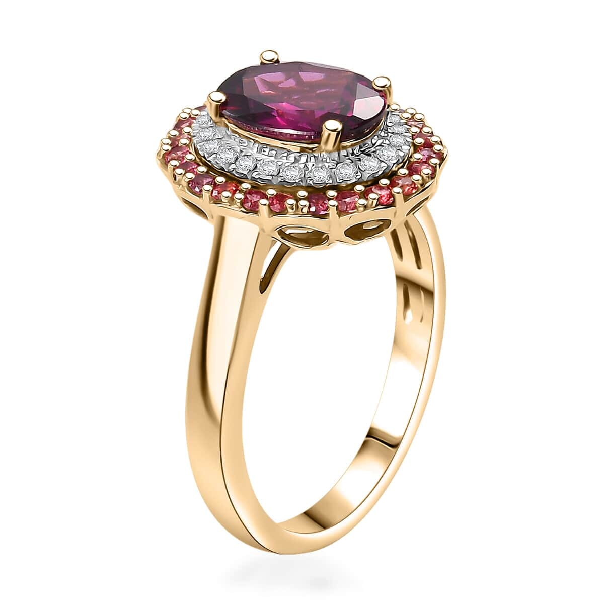 Certified & Appraised Luxoro 10K Yellow Gold AAA Radiant Ember Garnet, Padparadscha Sapphire, Diamond (I2) (0.20 cts) Double Halo Ring (Size 8.5) 2.72 ctw image number 3