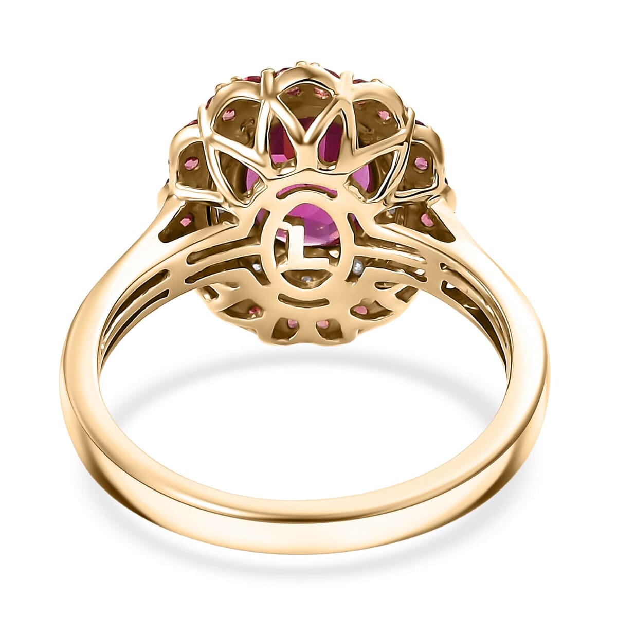 Certified & Appraised Luxoro 10K Yellow Gold AAA Radiant Ember Garnet, Padparadscha Sapphire, Diamond (I2) (0.20 cts) Double Halo Ring (Size 8.5) 2.72 ctw image number 4