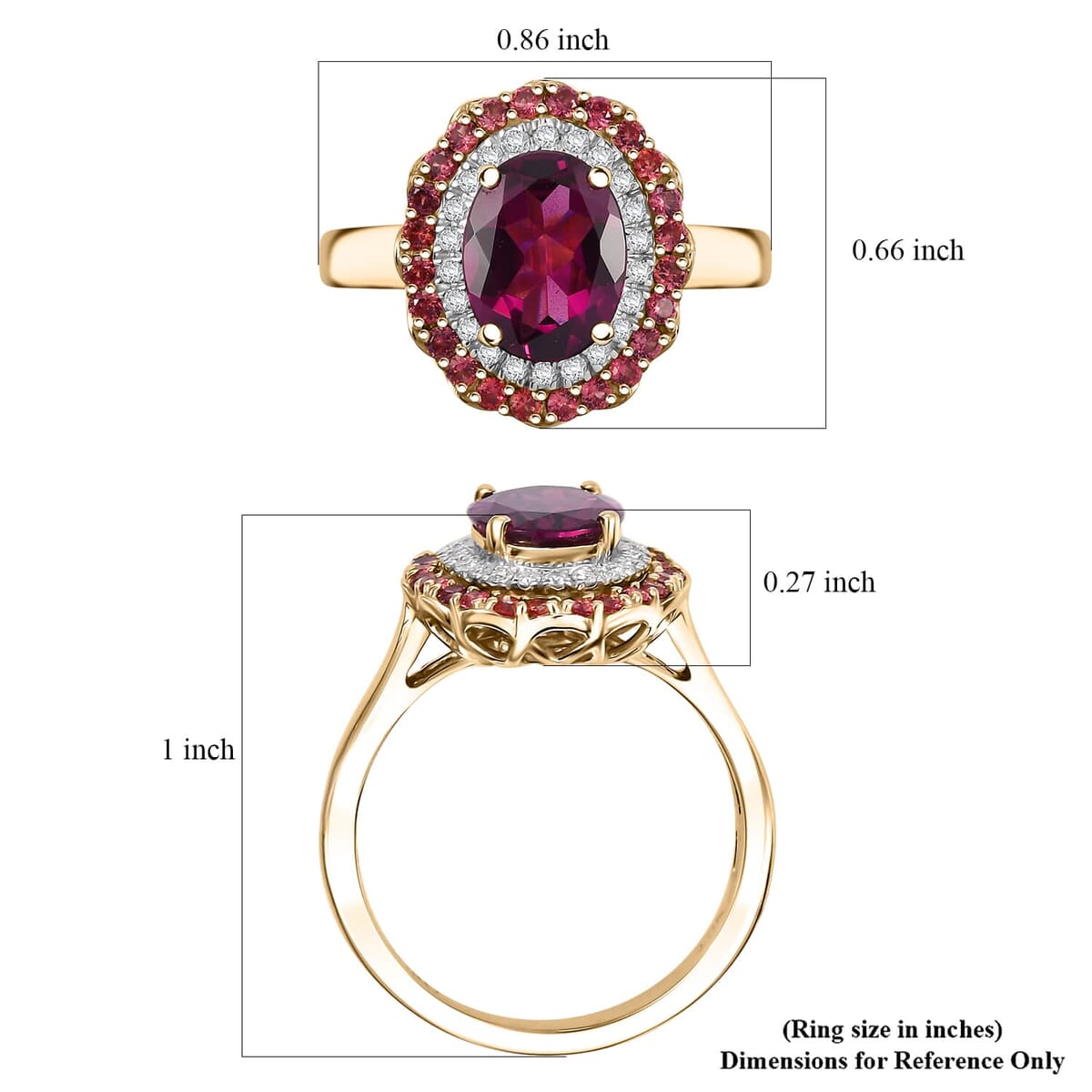 Certified & Appraised Luxoro 10K Yellow Gold AAA Radiant Ember Garnet, Padparadscha Sapphire, Diamond (I2) (0.20 cts) Double Halo Ring (Size 8.5) 2.72 ctw image number 5