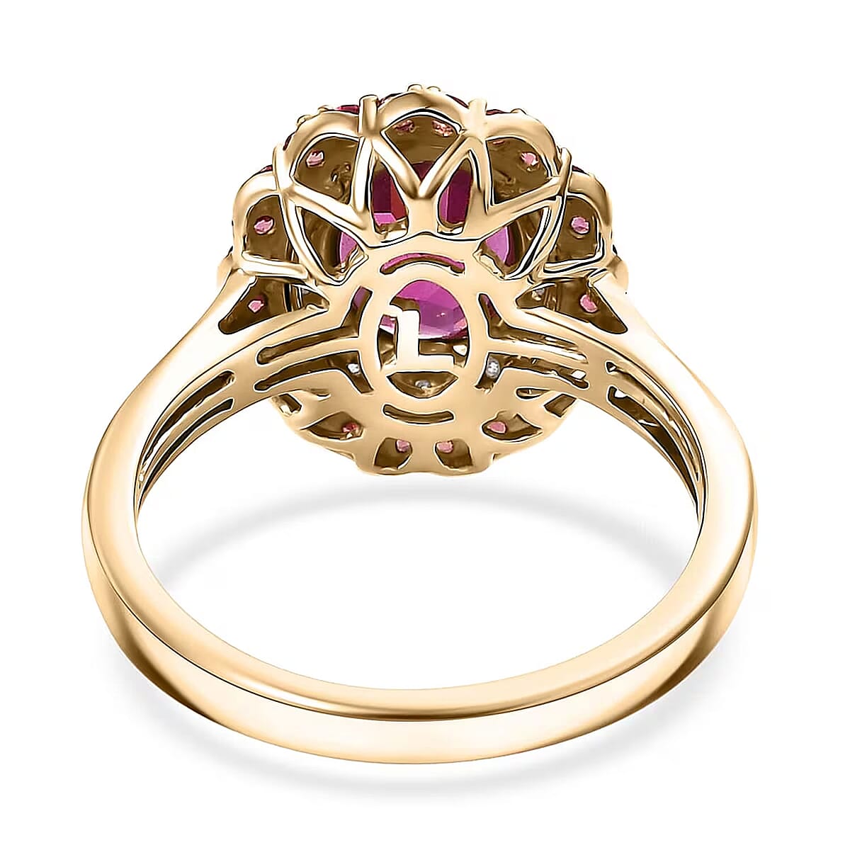 Certified & Appraised Luxoro 10K Yellow Gold AAA Radiant Ember Garnet, Padparadscha Sapphire, Diamond (I2) (0.20 cts) Double Halo Ring (Size 8.5) 2.72 ctw image number 6