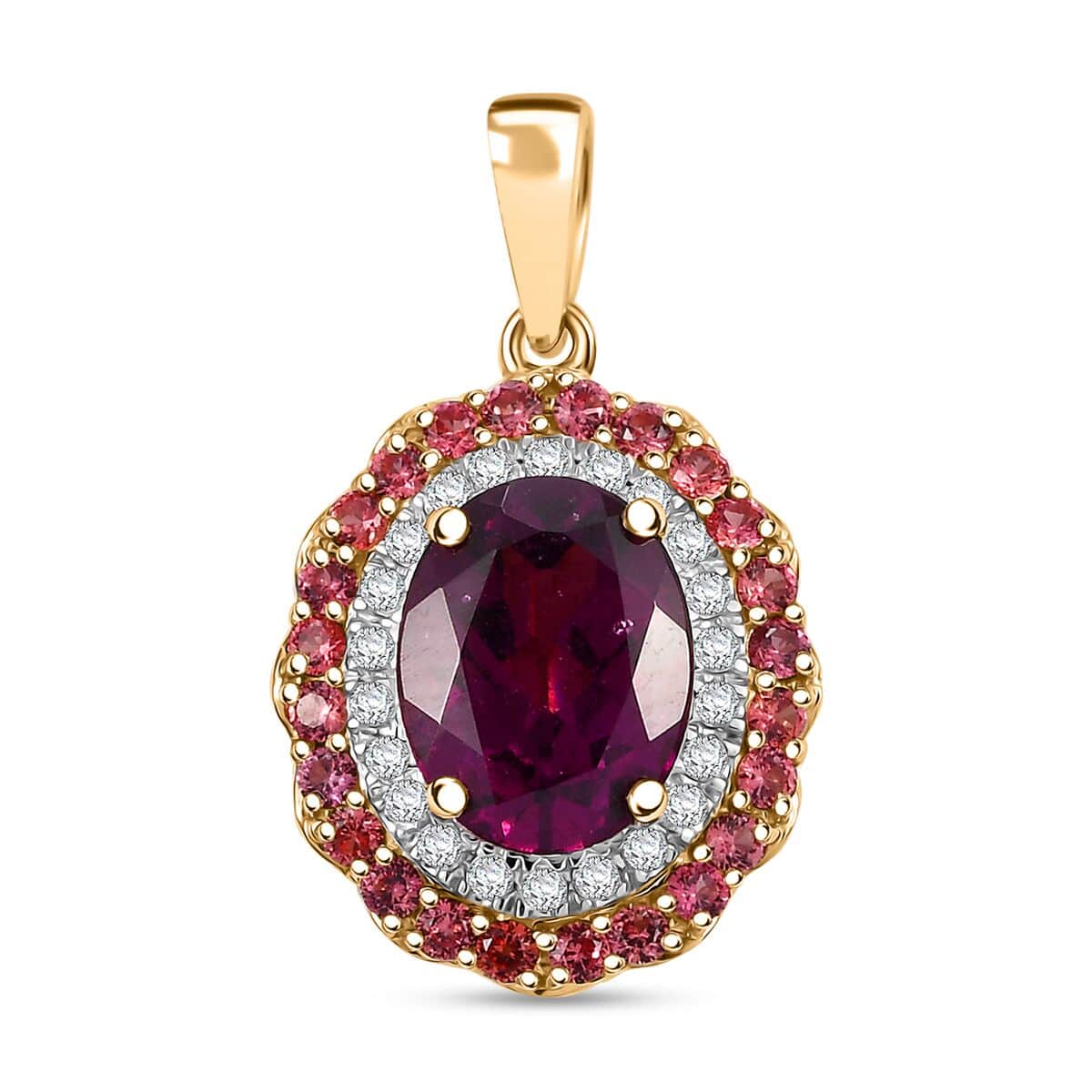 Doorbuster Certified & Appraised Luxoro AAA Radiant Ember Garnet, Padparadscha Sapphire, I2 Diamond 2.72 ctw Pendant in 10K Yellow Gold (Del. in 7-10 Days) image number 0