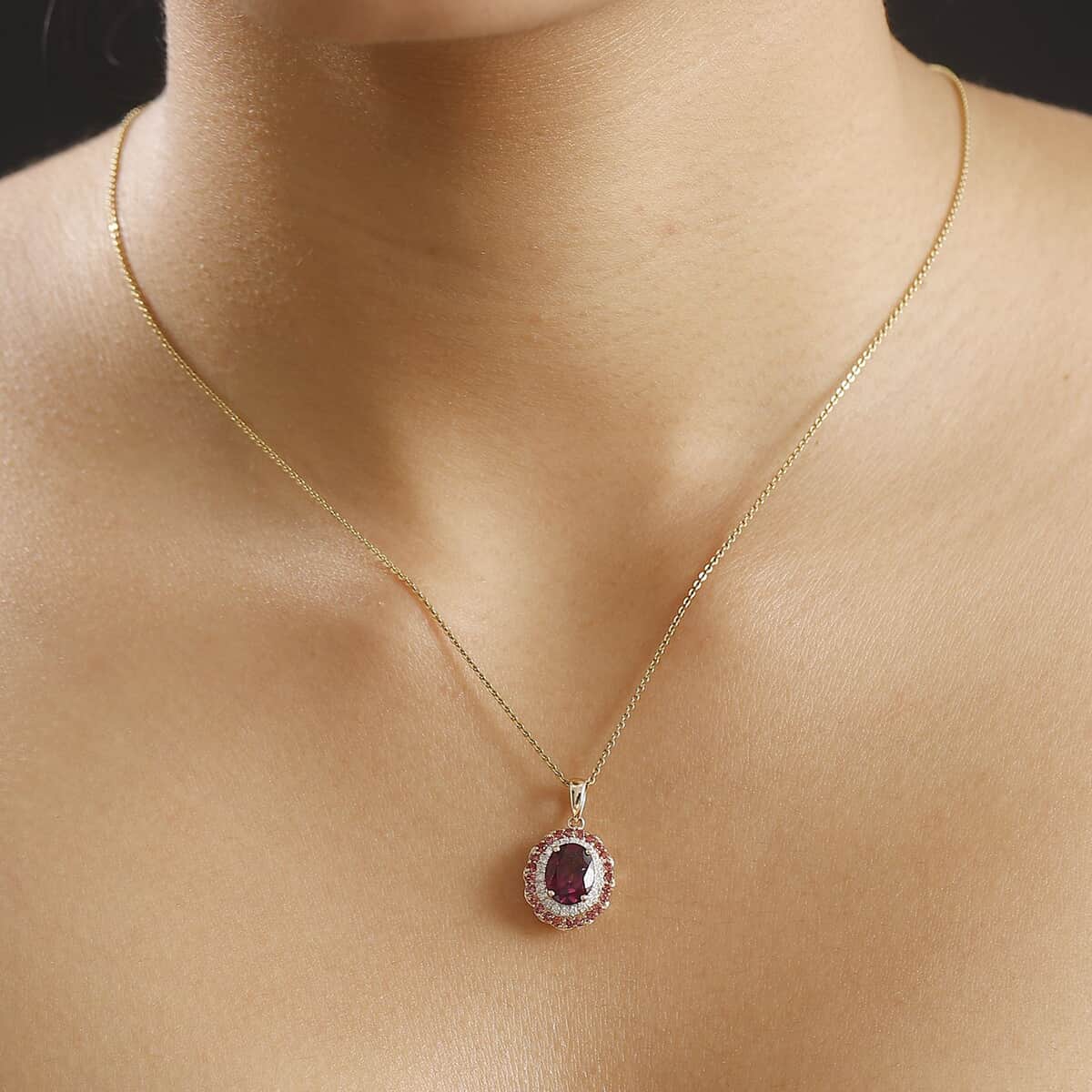 Doorbuster Certified & Appraised Luxoro AAA Radiant Ember Garnet, Padparadscha Sapphire, I2 Diamond 2.72 ctw Pendant in 10K Yellow Gold (Del. in 7-10 Days) image number 2