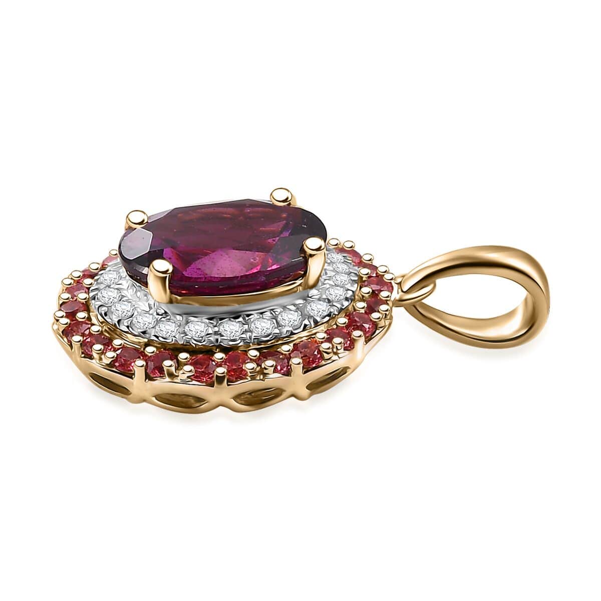 Doorbuster Certified & Appraised Luxoro AAA Radiant Ember Garnet, Padparadscha Sapphire, I2 Diamond 2.72 ctw Pendant in 10K Yellow Gold (Del. in 7-10 Days) image number 3