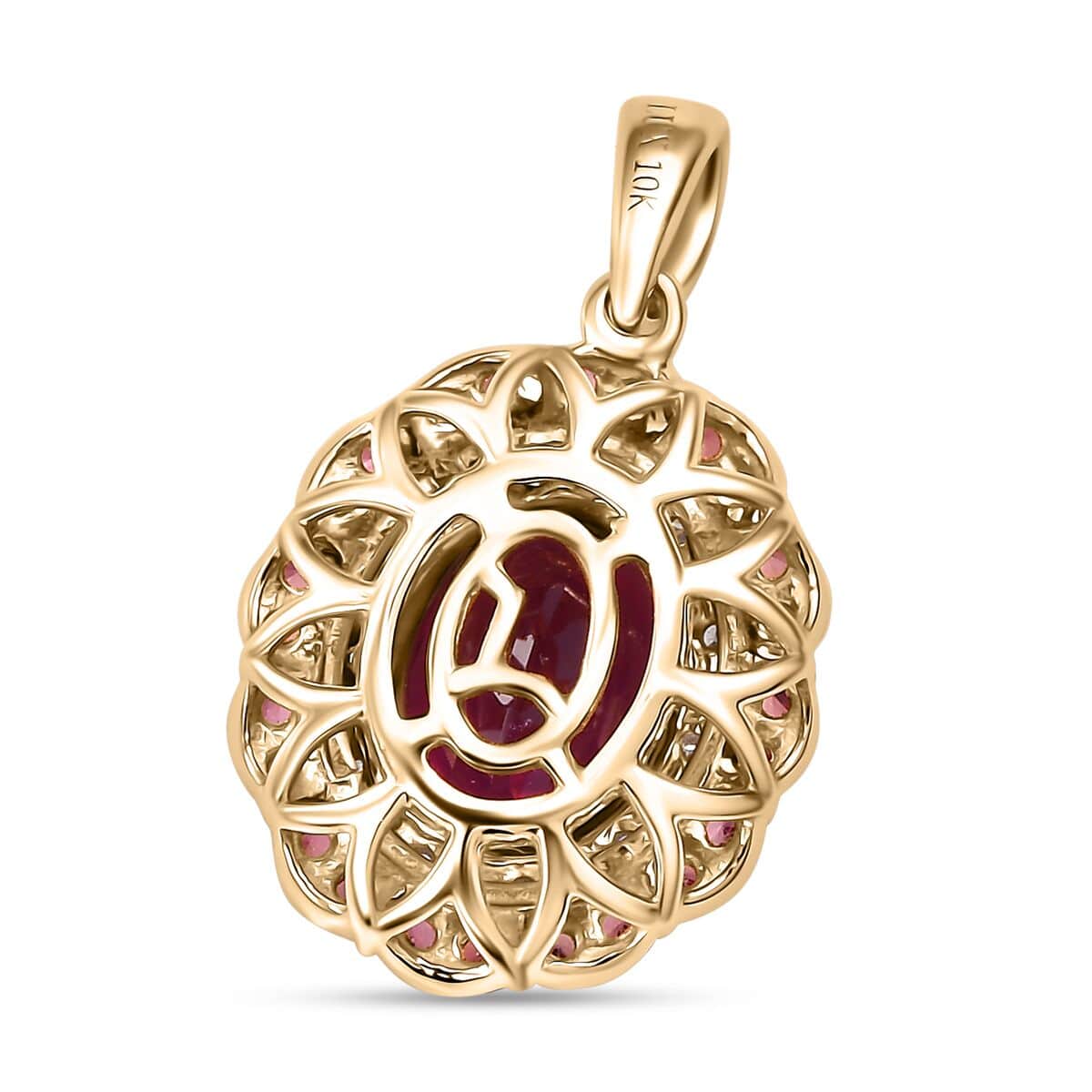 Doorbuster Certified & Appraised Luxoro AAA Radiant Ember Garnet, Padparadscha Sapphire, I2 Diamond 2.72 ctw Pendant in 10K Yellow Gold (Del. in 7-10 Days) image number 4