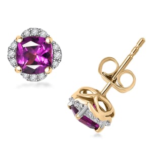 10K Yellow Gold AAA Purple Garnet, White Diamond (G-H, I2) Solitaire Earrings 1.43 ctw