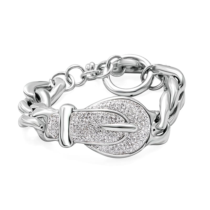 White Austrian Crystal Buckle Bracelet in Sterling Silver (6.50 In)