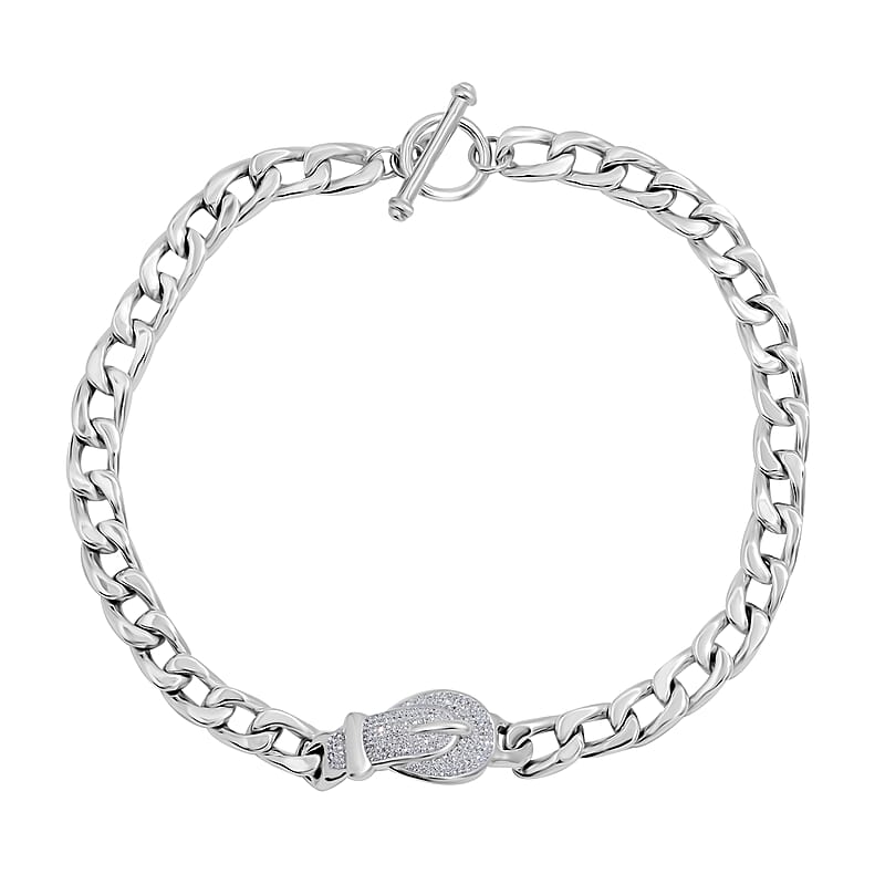 White Austrian Crystal Curb Chain Buckle Necklace in Sterling Silver 20 Inches