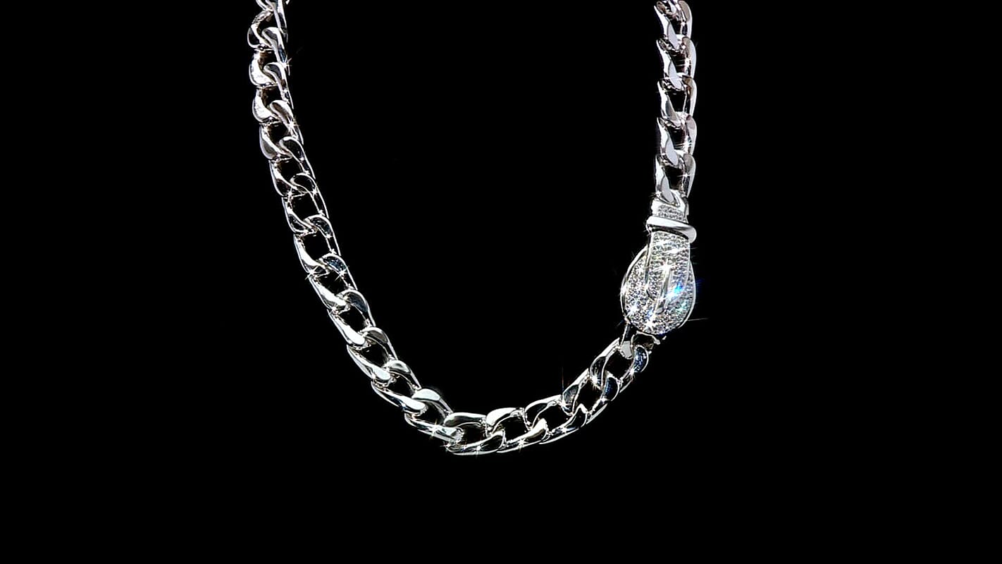 White Austrian Crystal Curb Chain Buckle Necklace in Sterling Silver 20 Inches