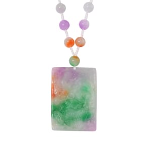 Multi Color Jade (D) 300.00 ctw Carved Dragon with Beaded Necklace in Rhodium Over Sterling Silver 20 Inches