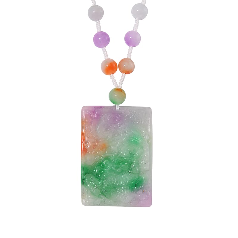 Multi Color Jade (D) 300.00 ctw Carved Dragon with Beaded Necklace in Rhodium Over Sterling Silver 20 Inches