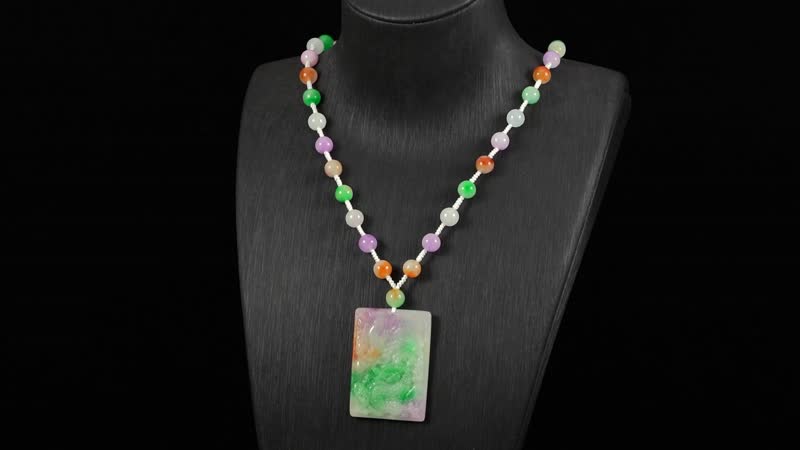 Multi Color Jade Carved Dragon with Beaded Necklace (20 Inches) in Rhodium Over Sterling Silver 300.00 ctw