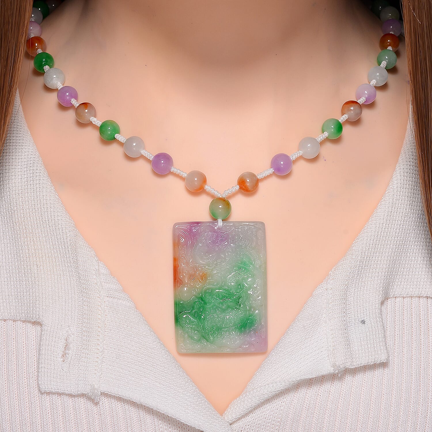 Multi Color Jade (D) 300.00 ctw Carved Dragon with Beaded Necklace in Rhodium Over Sterling Silver 20 Inches