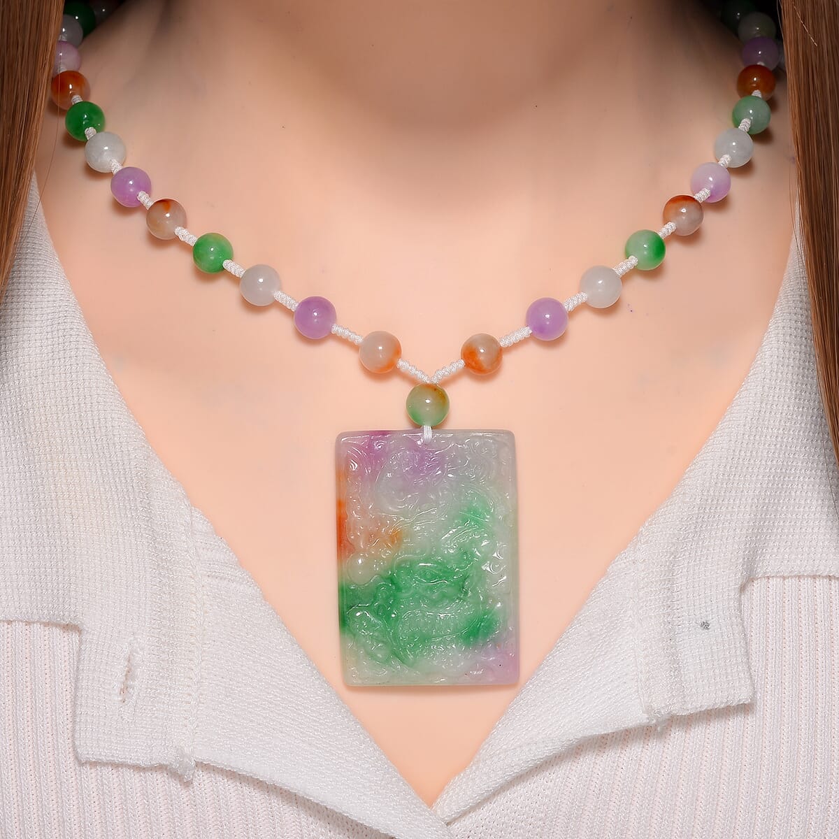 Multi Color Jade Carved Dragon with Beaded Necklace (20 Inches) in Rhodium Over Sterling Silver 300.00 ctw image number 1