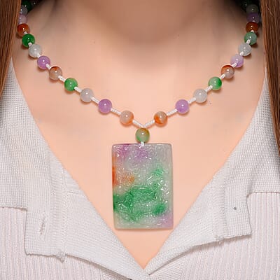 Multi Color Jade (D) 300.00 ctw Carved Dragon with Beaded Necklace in Rhodium Over Sterling Silver 20 Inches