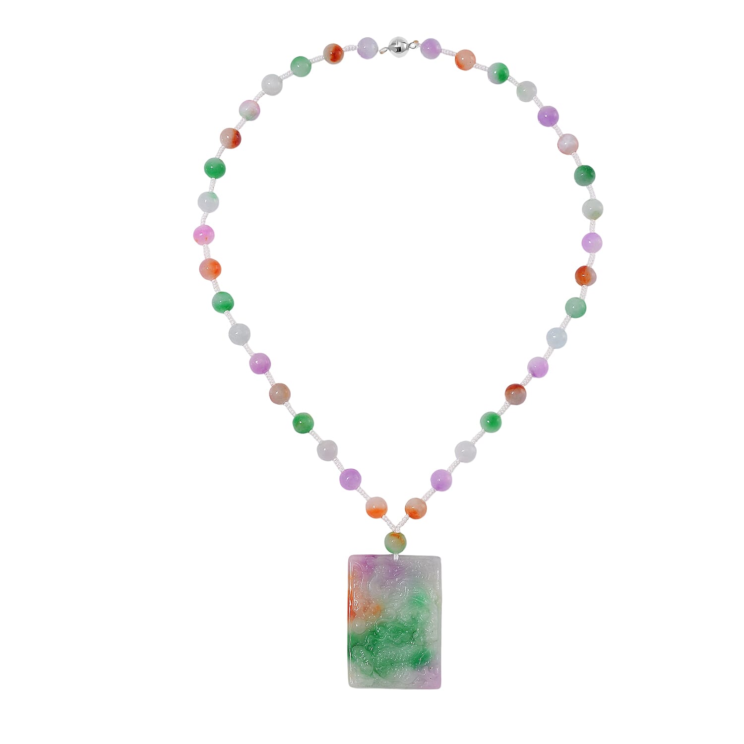 Multi Color Jade (D) 300.00 ctw Carved Dragon with Beaded Necklace in Rhodium Over Sterling Silver 20 Inches